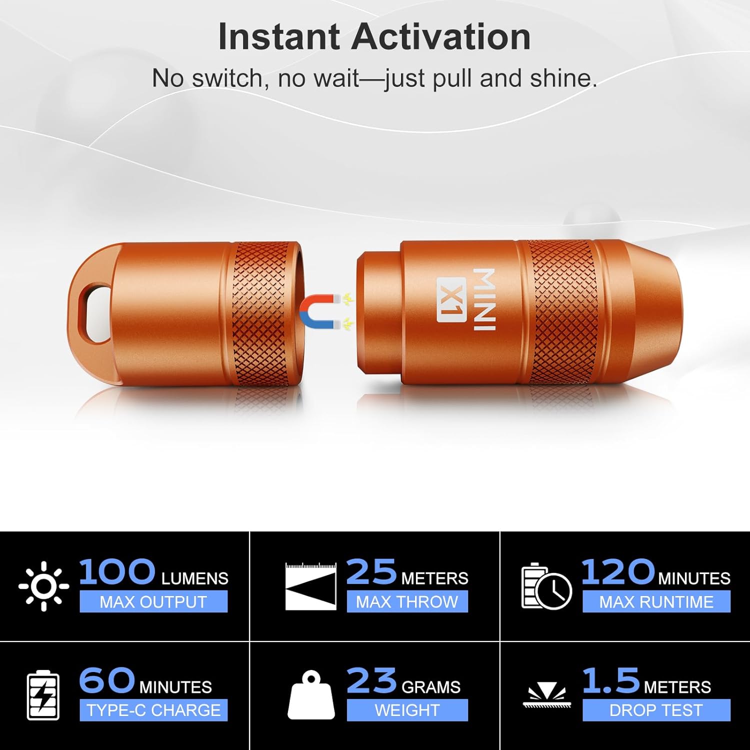2PCS Mini Keychain Flashlight – Instant On Pull to Light, 100 Lumen Tiny EDC Flash Light, USB-C Rechargeable Micro LED Torch, Waterproof IPX6, for Everyday Carry, Emergency & Outdoor (Orange)