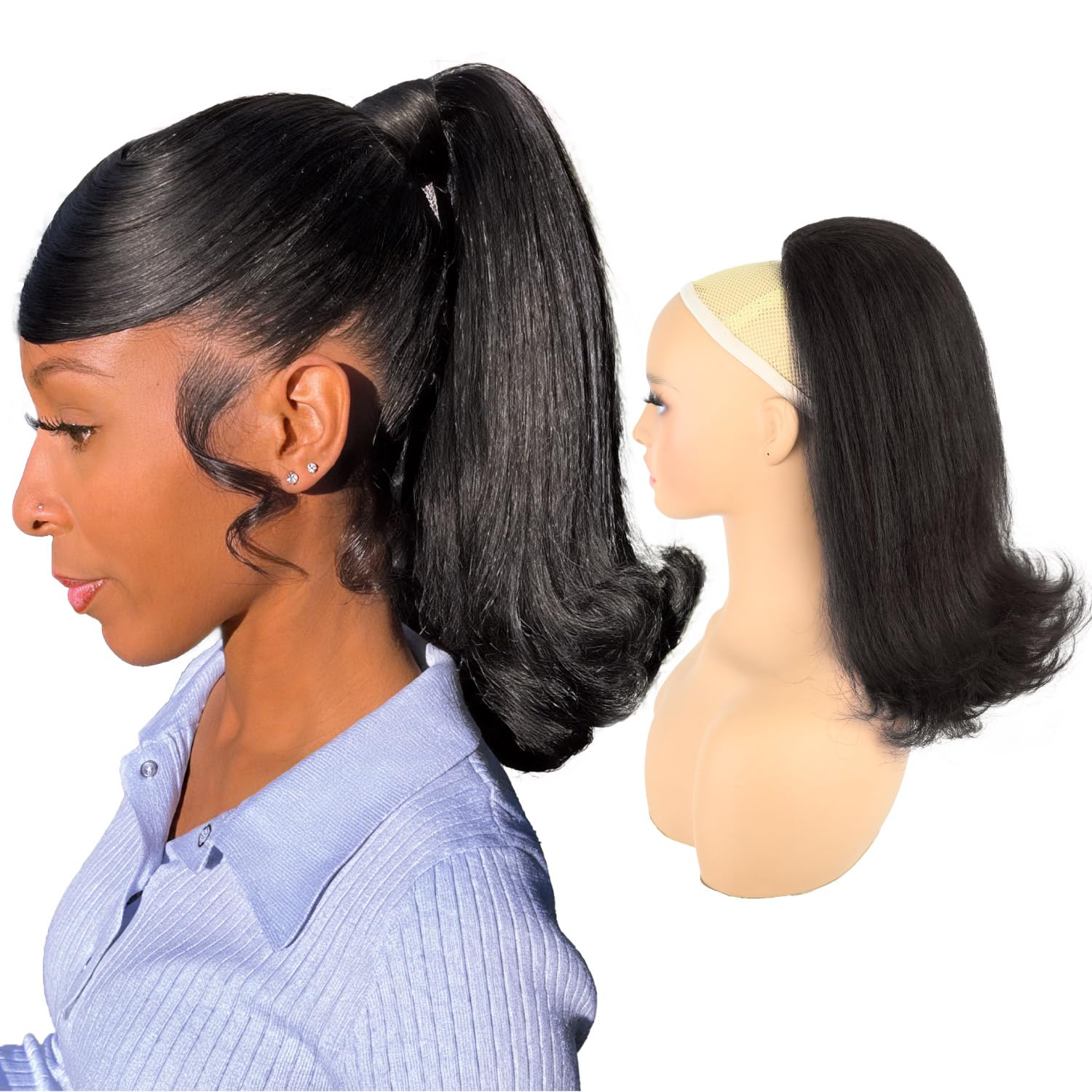Flick Ponytail for Black Women, 14 Inch Yaki Straight Drawstring Ponytail Extension with Wrap-Around Tail,Shoulder-Length Synthetic Hairpiece(Black Brown) 14 Inch Black Brown