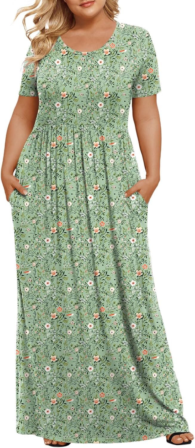 LONGYUAN Women's Plus Size Maxi Dresses for Curvy Women Summer Short Sleeve Casual 2026 Long Dress XL-6XL