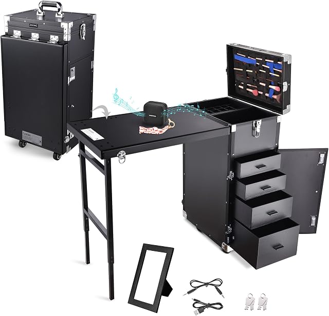 BYOOTIQUE Rolling Manicure Table Foldable Nail Table Makeup Train Case with Desk Cosmetic Trolley Travel Storage Organizer with 4 Drawers Mirror & Speaker for Technician Workstation Salon