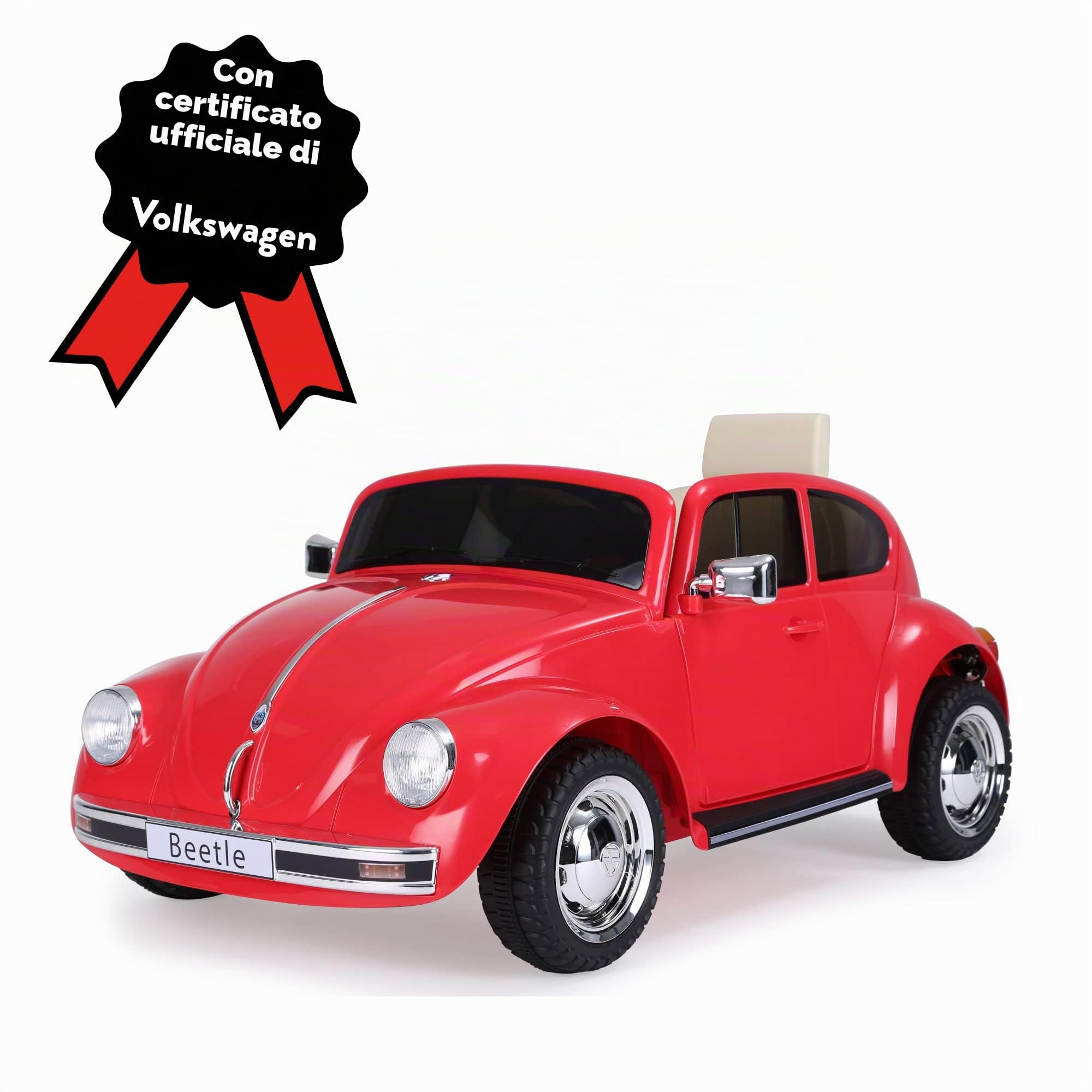 FEBER Maggiolino rosso 12V, auto elettrica, radiocomando fari con luce, 2 marce, acceleratore e freno elettrici, da 3 anni, FAMOSA (800013448)