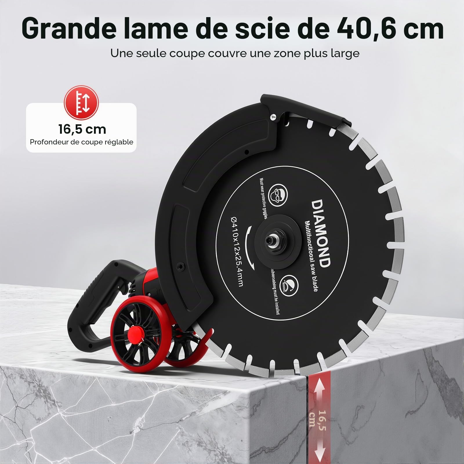 Scie à béton électrique - Scie circulaire à béton - Avec lame de scie et poulie de renvoi roulante - Pour couper la pierre et le béton - Lame de scie 410 mm
