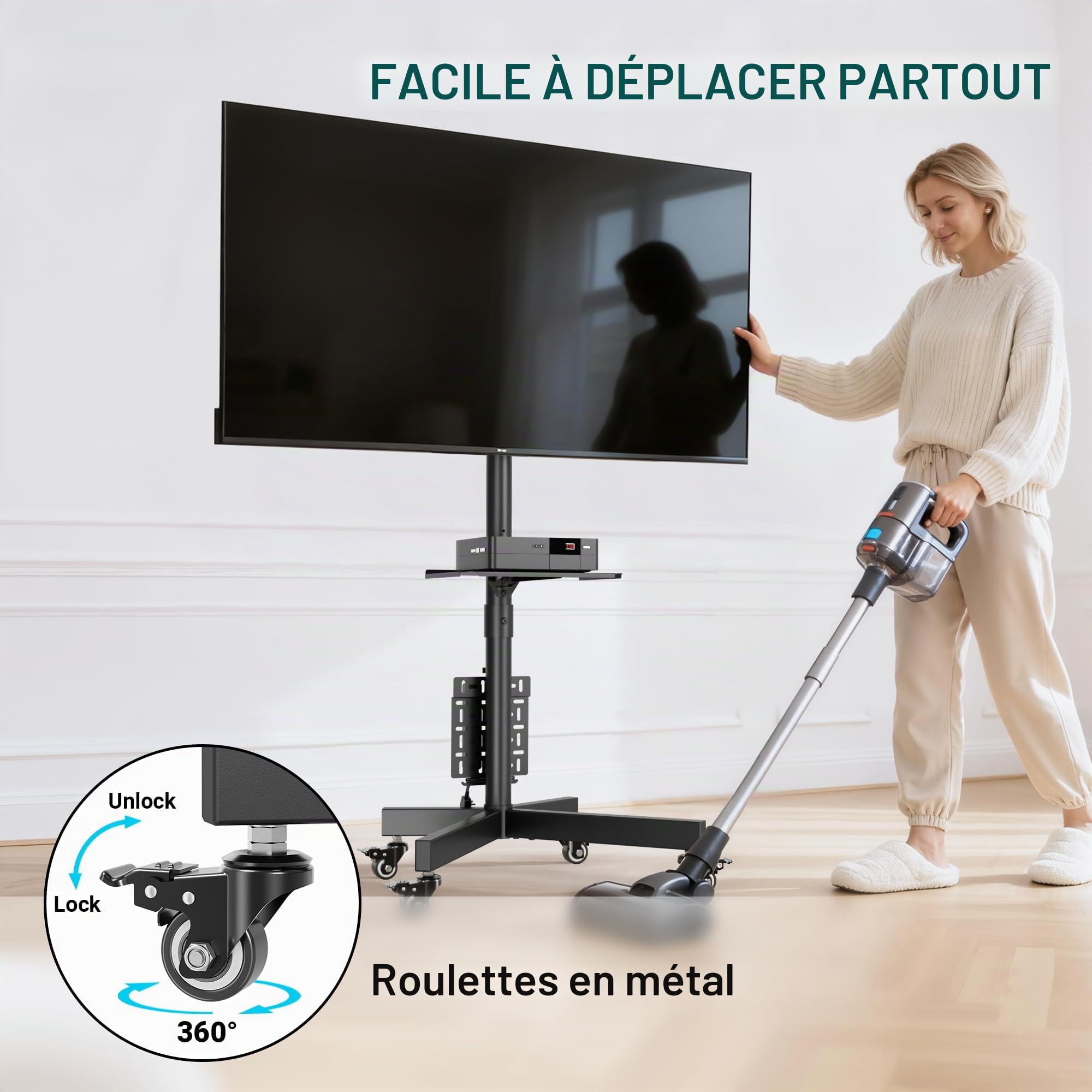 BONTEC Support TV roulettes, Support TV sur Pied avec roulettes pour Écran Plasma/LCD/LED 23-60 Pouces, Pied TV Universel Hauteur 800-1500 mm, Pied TV Charge 40 kg, VESA 400x400 mm
