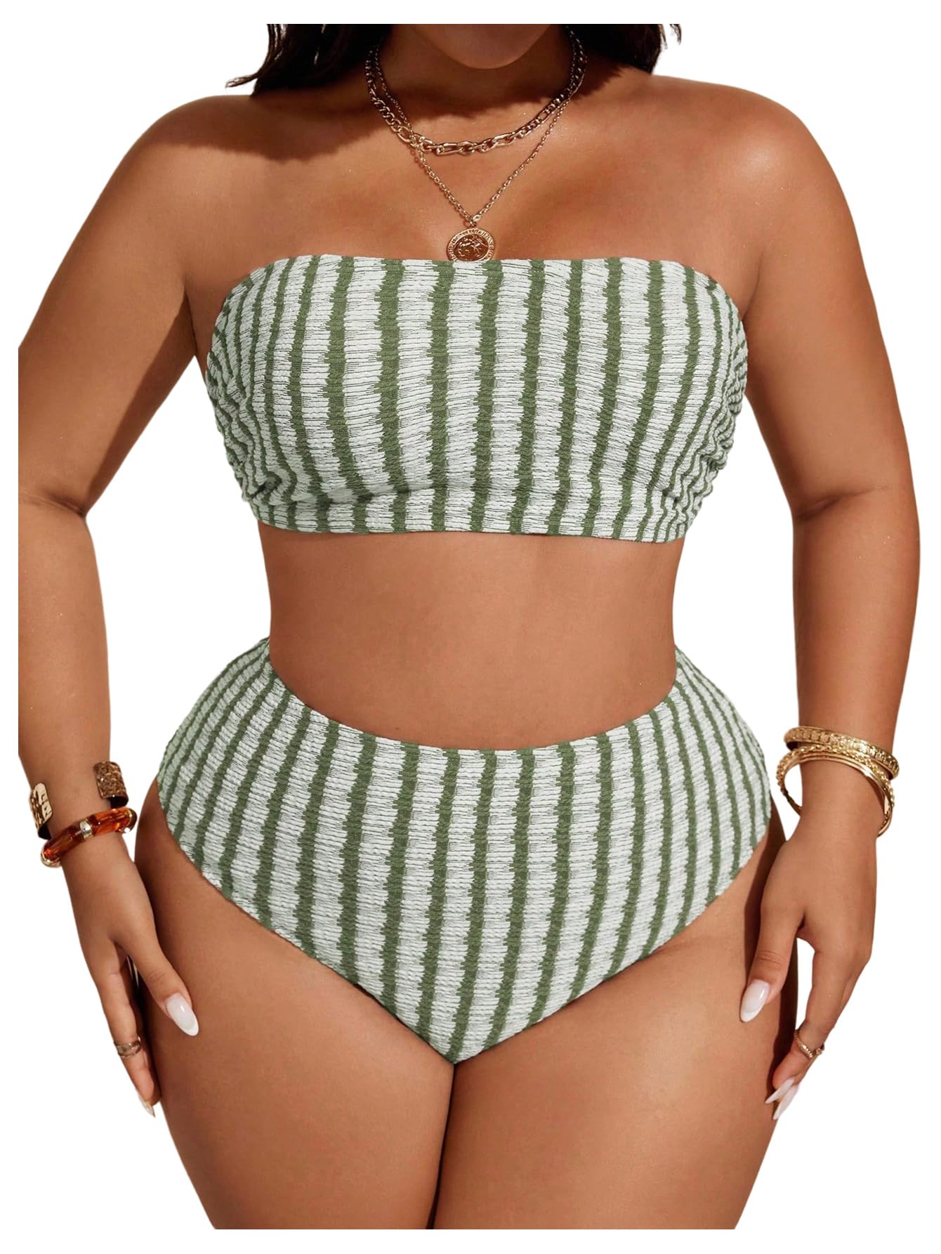 Women's Plus Size 2 Piece High Waist Bikini Set Striped Bandeau Top Tummy Control Bathing Suits Swimwear(Green,Large Plus)