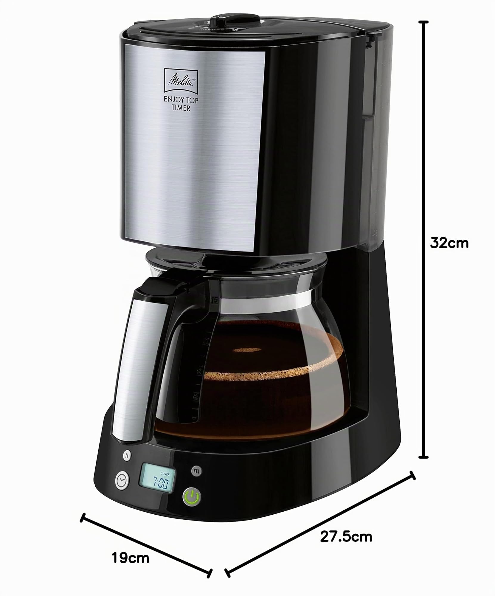 Melitta Enjoy Top Timer 1017-11 - Cafetera de Goteo con Función temporizador, Jarra de Cristal, Detector de Aroma Patentado, Apagado Automático, Acero Inoxidable, 1.2 litros
