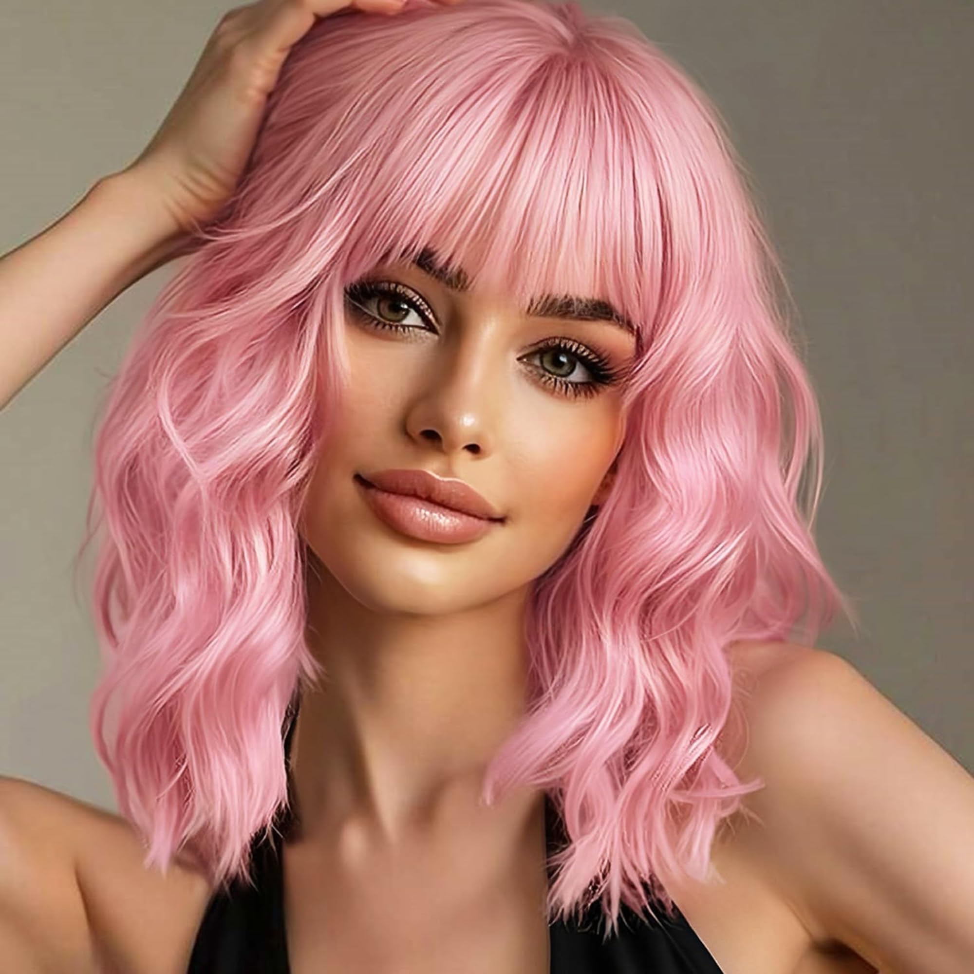 Photo 1 of Miuric Light Pink Wig for Women Short Pastel Wavy Wigs Curly Bob Wigs with Bangs Shoulder Length Colorful Synthetic Wigs for Cosplay Costume Party Daily Use(14 Inches)