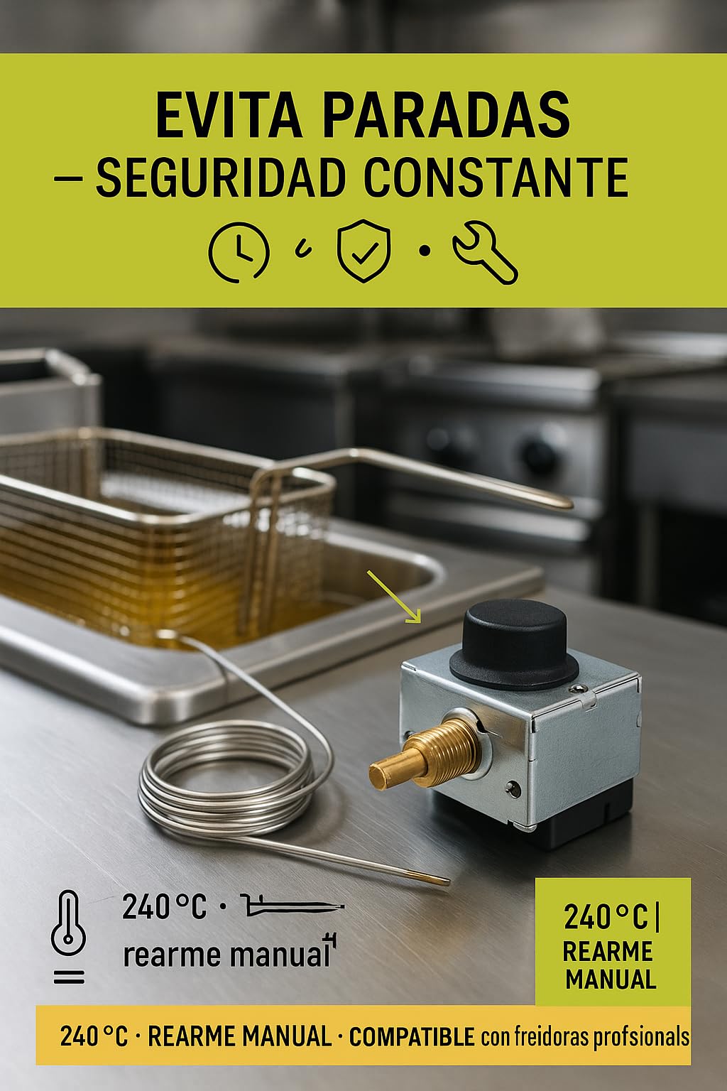 CubetasGastronorm ® Termostato seguridad freidora 240º CAPILAR 1000mm con REARME 16A Capilar 1000mm Protección Sobrecalentamiento Precisión Alta Resistencia Freidoras Industriales y Domésticas
