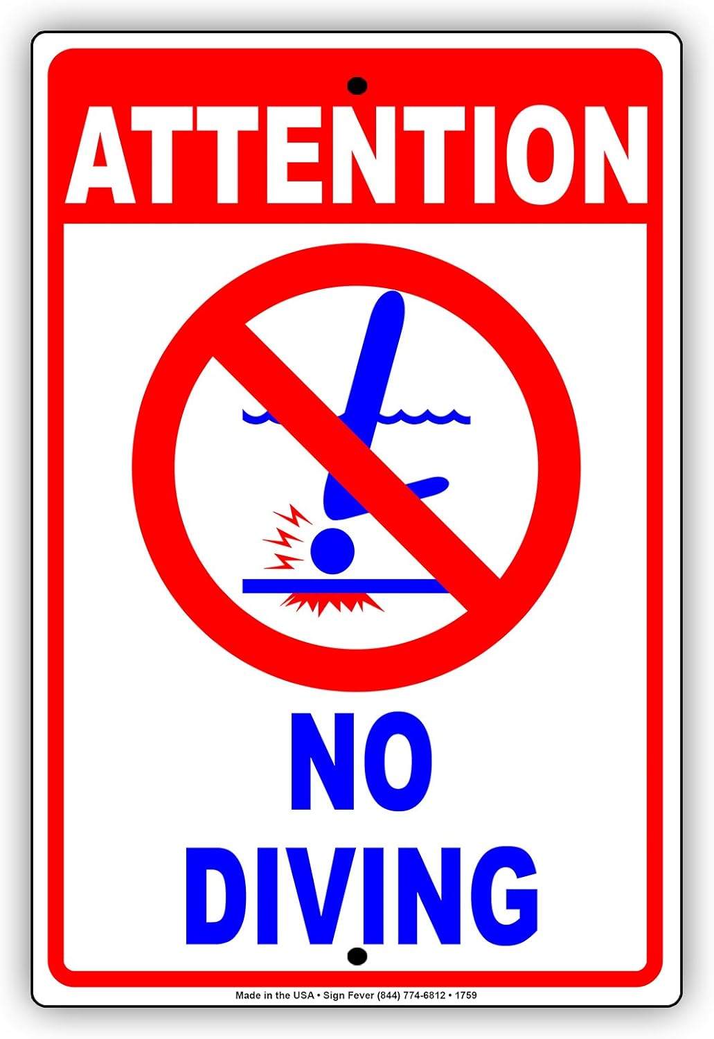 Attention No Diving with Graphic Shallow Water Pool Safety Protection Alert Caution Warning Notice Aluminum Metal Tin 18"x24" Sign Plate