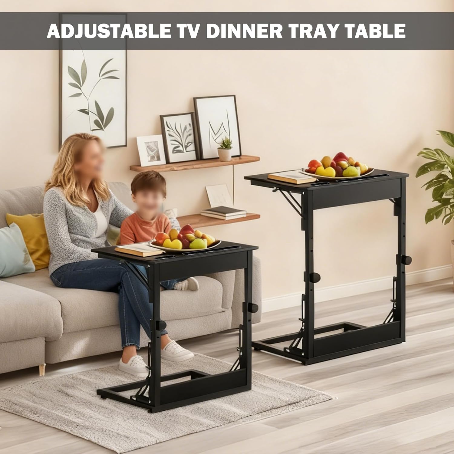 Folding TV Trays Set of 2,TV Dinner Tray Table,Adjustable Height TV Trays for Eating on Couch,C Shaped End Table with Tablet and Phone Slots,Foldable Side Table&Laptop Desk for Sofa&Bedside&Recliner