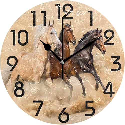 Naanle Three Horses Running Desert - Reloj de pared redondo de 9.5 pulgadas, funciona con pilas, reloj de escritorio analógico silencioso de cuarzo