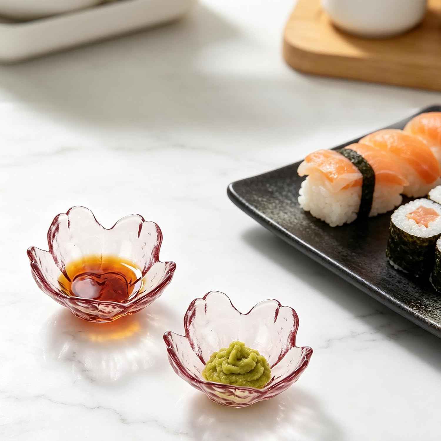 ASelected 20PCS Pink Glass Soy Sauce Dishes, Cute Sauce Bowls & Small Ramekins for Sushi, Ketchup, Dip, Cute Cherry Blossom Plates for Seasoning, Snacks, Tea Bags, Candles
