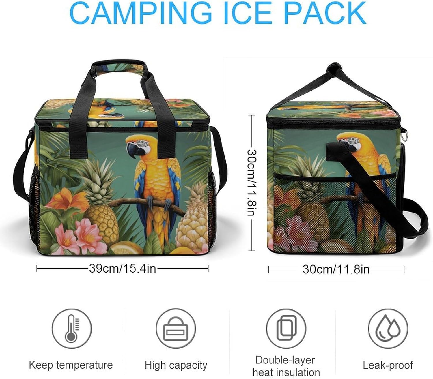 Large Capacity Oxford Cloth Summer Parrot Pineapple Bird Printed Camping Ice Bag, Outdoor Portable Insulation and Cooling Bag, Suitable for Outdoor Camping and Picnics
