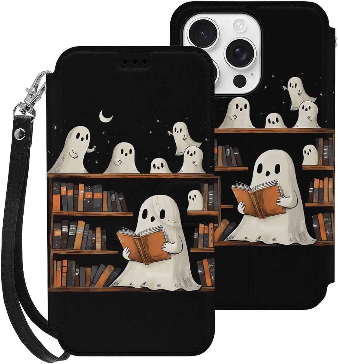 Cute Ghost Bookshelf Moon Compatible with iPhone 16/16 Plus/16 Pro/16 Pro Max/16 E Case Phone Wallet Card Holder Flip Cover with Wrist Strap