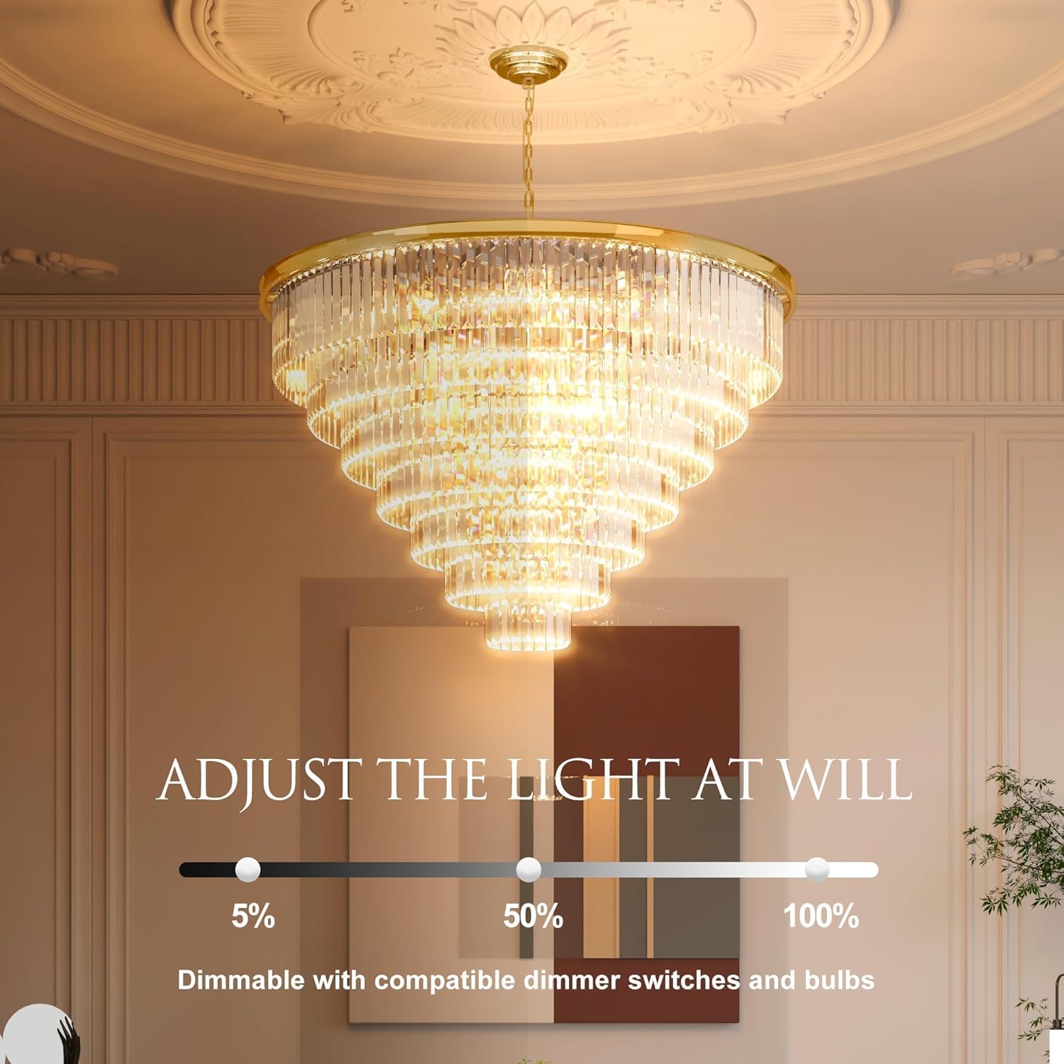 Gold Crystal Chandelier Lighting Modern Contemporary Empress Chandeliers Pendant Ceiling Lamp Light Fixture 7-Tier for Dining Living Room Hotel 24 Lights W39.4