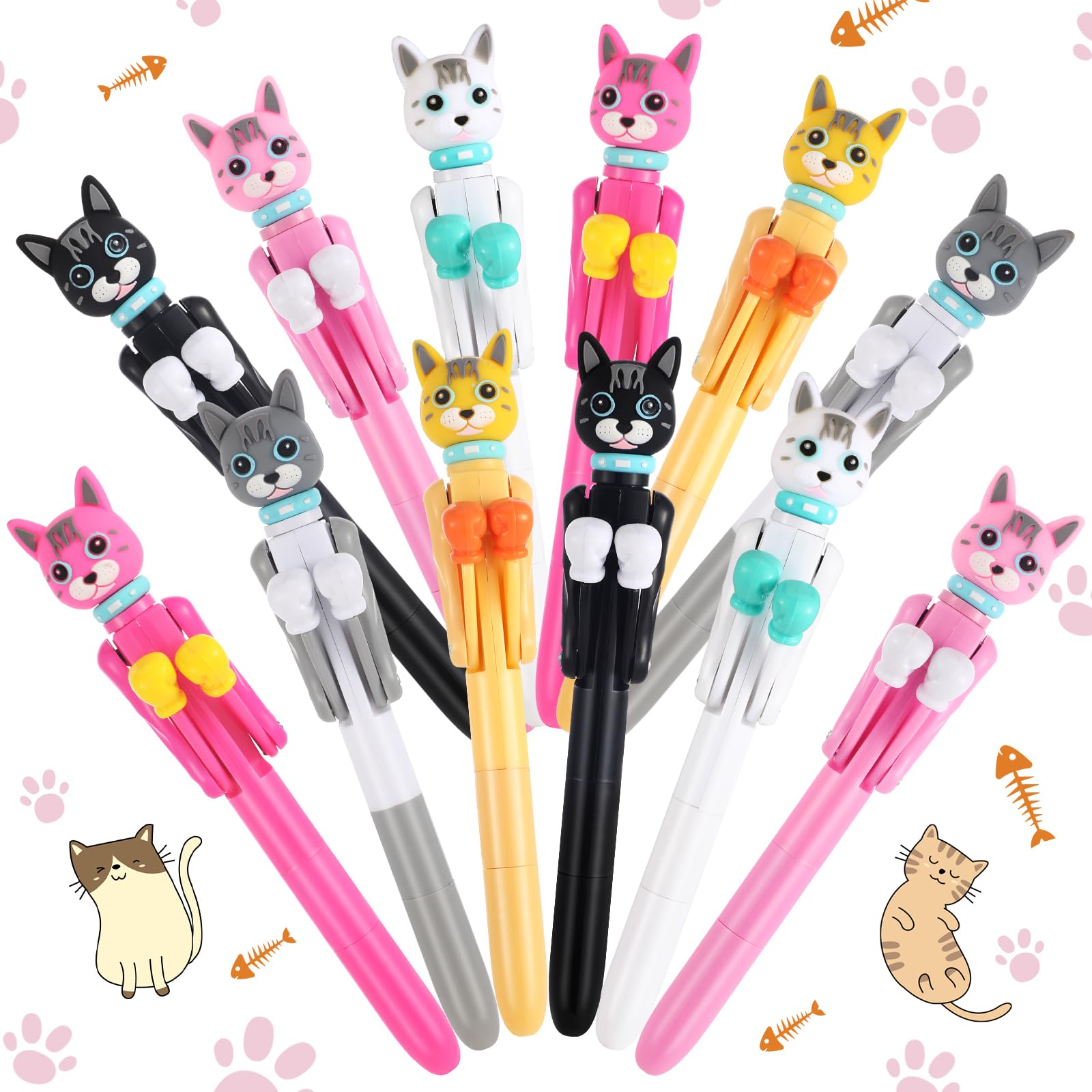 12 Pcs Funny Boxing Pen Novelty Animal Boxing Ballpoint Pens Blue Ink Gift for Christmas Cute Ballpoint Pen for Chirstmas Stocking Stuffers(Cat)