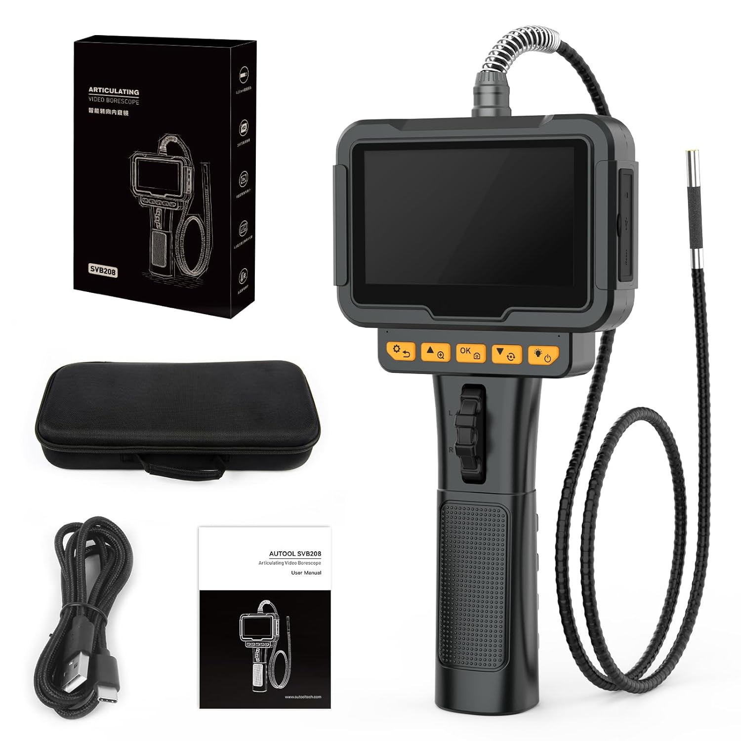SVB208 Articulating Borescope,1080P HD Industrial Endoscope Camera with 4.3" IPS Screen,6.25mm Ultra-Thin 210° Bidirectional Articulating Probe,Waterproof,32G Card,14 Languages for Car/Pipe/AC Repair