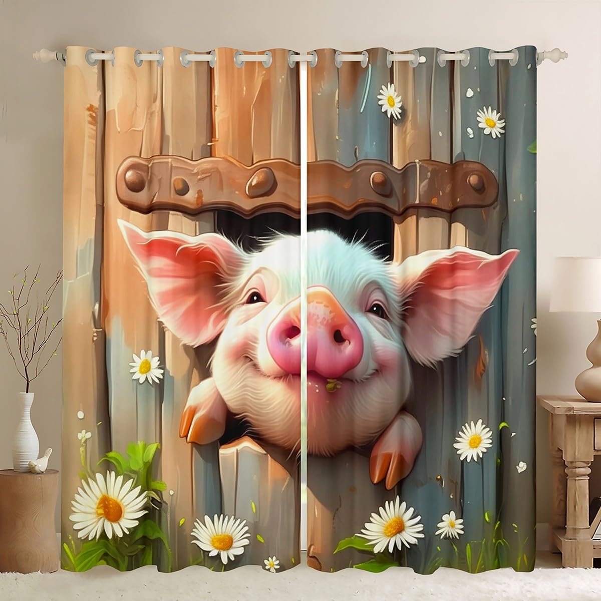 Manfei Cute Pig Blackout Curtain Farm Animal Theme Window Drapes for Kids Boy Girl Room Decor, Retro Wooden Barn Door Window Treatments, Grommet Top 2 Panel Set Bedroom Curtains, 38Wx45L inch