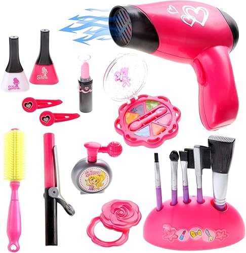 PowerTRC Juego de belleza para salón de maquillaje, juego de simulación realista, kit de moda para niñas, secador de pelo, juego de maquillaje,