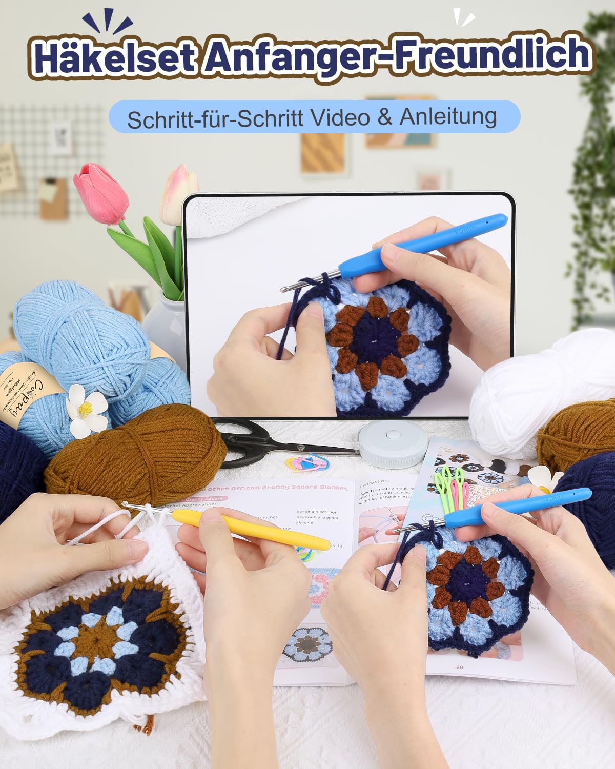 Coopay Granny Square - Set di uncinetti per principianti e professionisti, set completo per uncinetto con filato per uncinetto, istruzioni (lingua italiana non garantita), video tutorial, set di