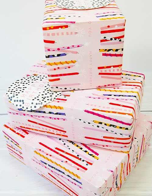 Wrapping Paper 12364A"Birthday Candles" Gift Wrap Pack with 2 Sheets & 2 Tags, Plastic Free & Fully RECYCABLE, Multicoloured