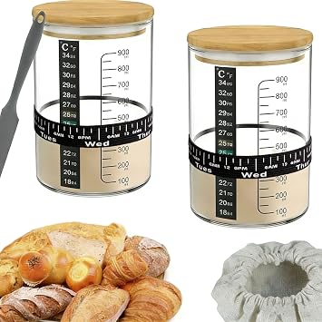 BRIRILINE Pro Sourdough Bread Starter Kit - 34 oz sourdough jar with 5 unique features for the perfect sour dough bread & sourdough starter kit - baking supplies 34oz-2pack