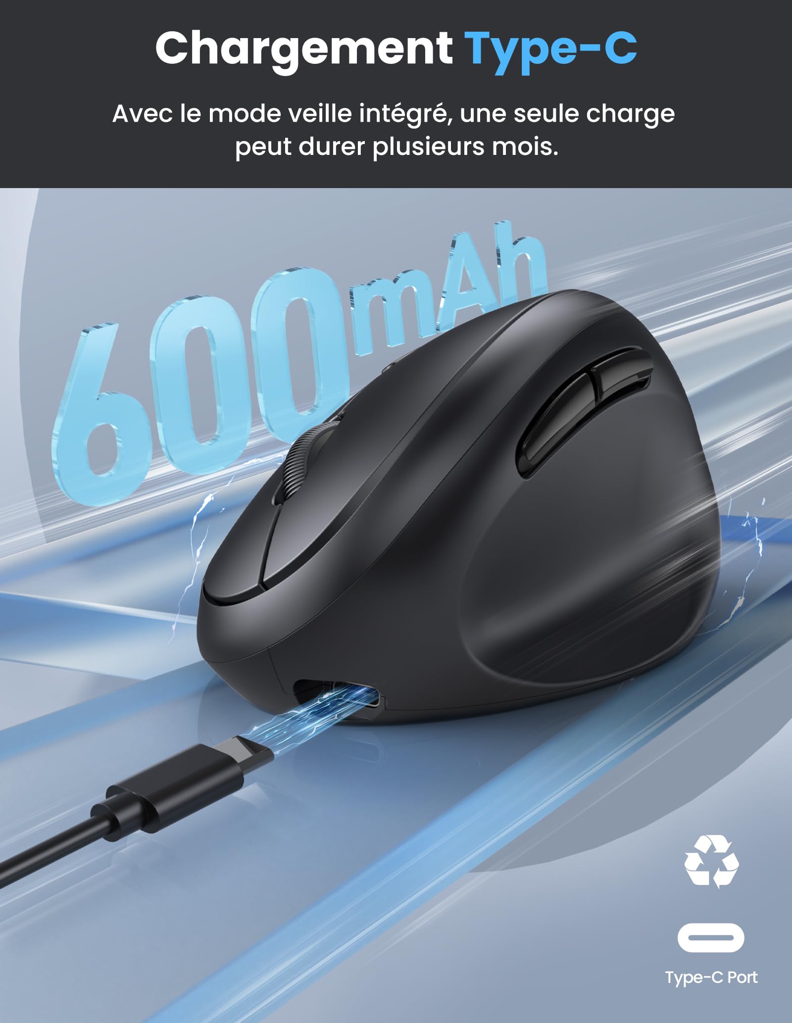 TECKNET Souris Ergonomique sans Fil Bluetooth avec Connectivité 3-Mode (BT5.0/3.0+2.4G), Souris sans Fil Rechargeable, 4800 DPI, Souris Silencieuse Verticale pour PC, iPad, Mac, Windows(Noir)