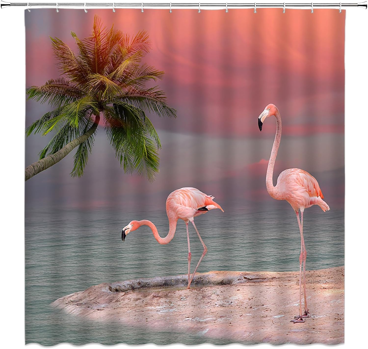 Funny Flamingo Shower Curtain - Tropical Pink Flamingos & Palm Leaves Bath Decor, 72x72 Inches, Washable Polyester With 12 Hooks