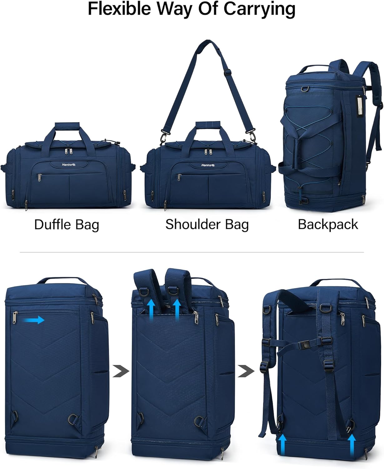 Hanke Expandable Carry On Luggage Bag,3 in 1 Duffle Bag for Travel,45L-55L Weekender Overnight Bag with 15.6" Compartment for Women & Men (Blue)
