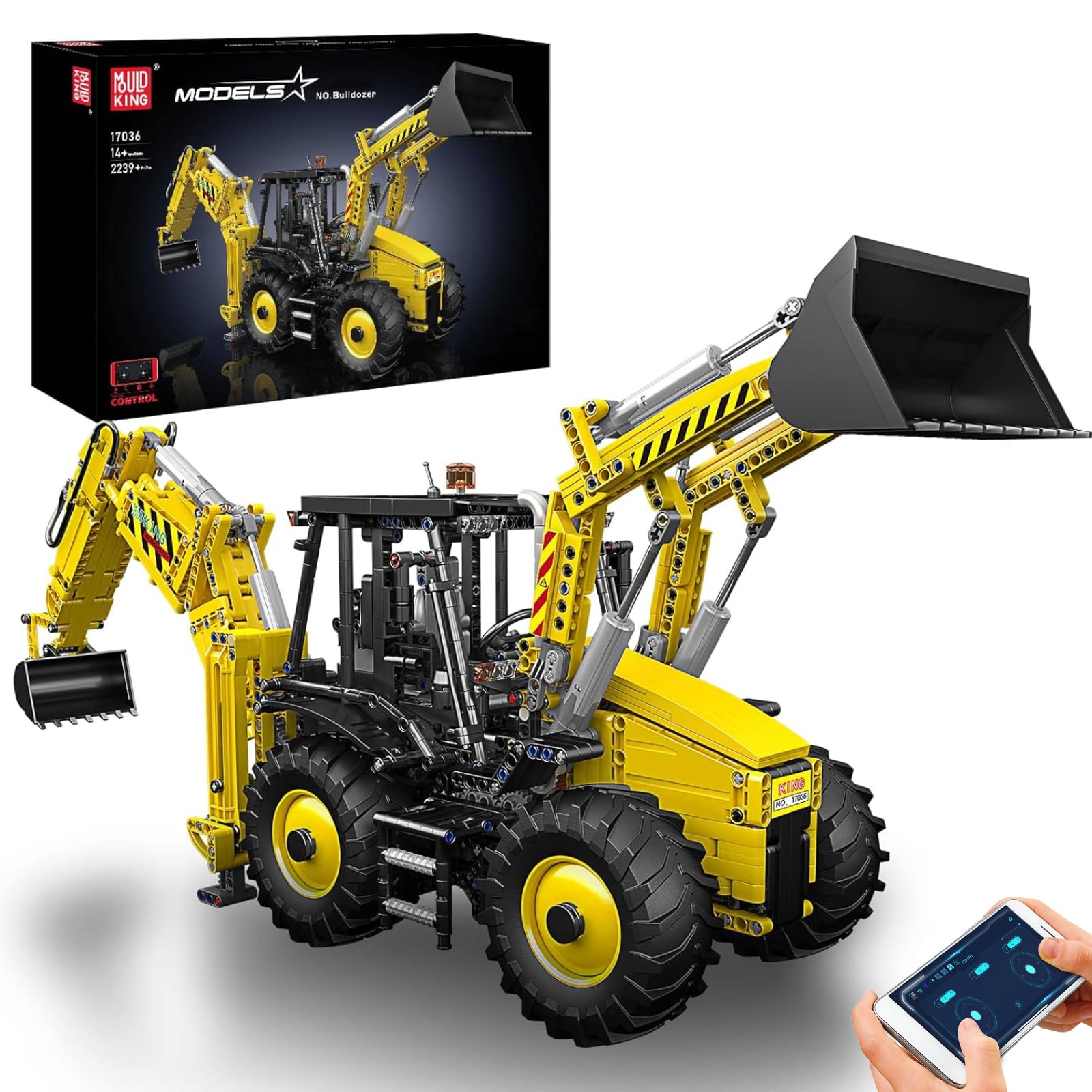 Mould King 17036 Technology Heavy Duty Backhoe Loader Model Building Kit Remote Controlled Electric 2239 Pcs Bulldozer Clamp Blocks Kit Technology for Adult, Crane Toy, Gift