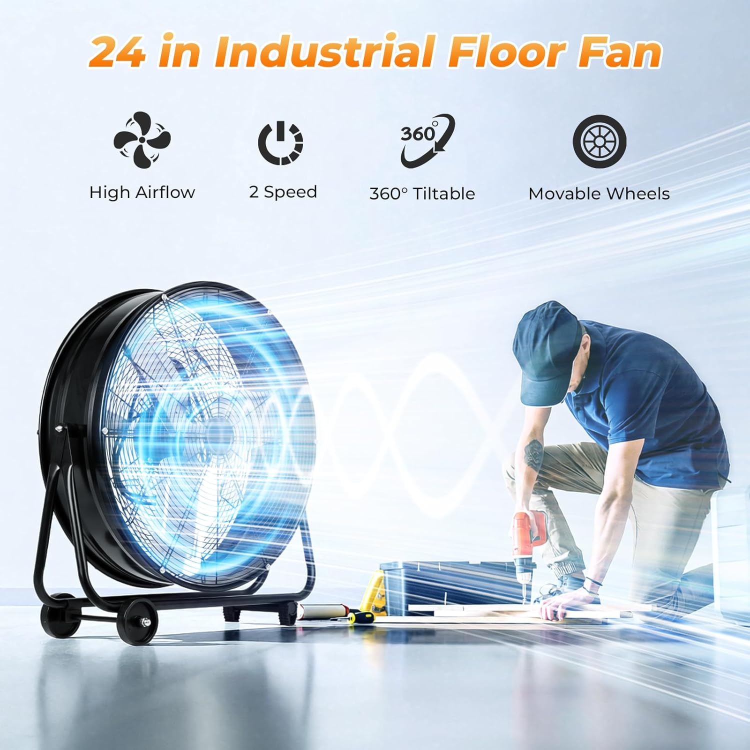24 Inch High Velocity Heavy Duty Industrial Fan, 10250 CFM, 2-Speed, 360°Adjustable Tilt, Commercial Industrial Use Drum Fan Floor Shop Fan for Garage, Workshop, Warehouse, Gym (Black)