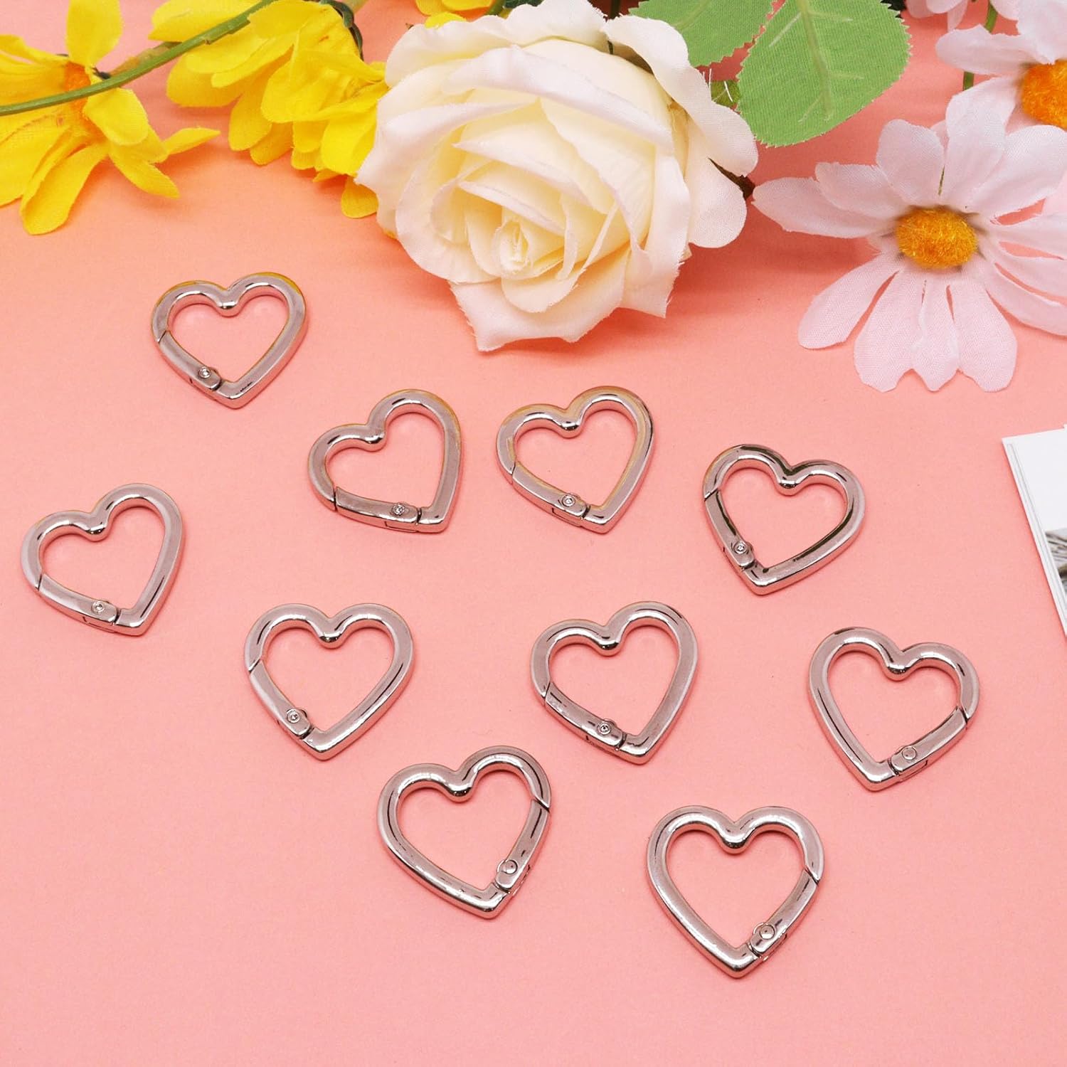10PCS Heart Carabiner, Cute Heart Shaped Spring Hook Key Rings, Keychain Clip Dog Collar Clasp for Backpack Bag Purse DIY Accessories (Silver Large) image 4
