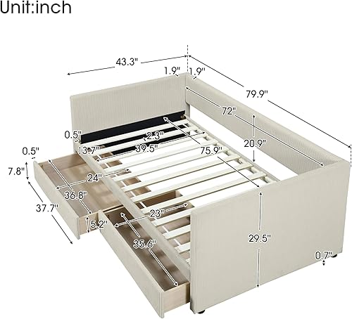 Miniatura 2 de Merax Sofá cama de pana de tamaño individual con dos cajones y listones de madera, marco de sofá cama para dormitorio, adolescentes, beige