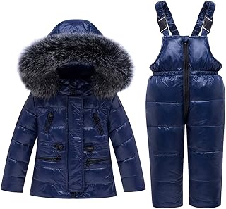 Boys Girls Winter Warm Hooded Fur Trim Soild Zipper Snowsuit Puffer Down Jacket with Snow Ski Bib Pants Set