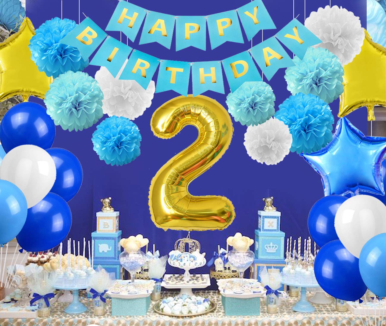 hana様✶⋆確認専用ページ バースデーガーランド Amazon.co.jp: 2歳 誕生日飾り付け セット 数字2 ブルー スター 風船