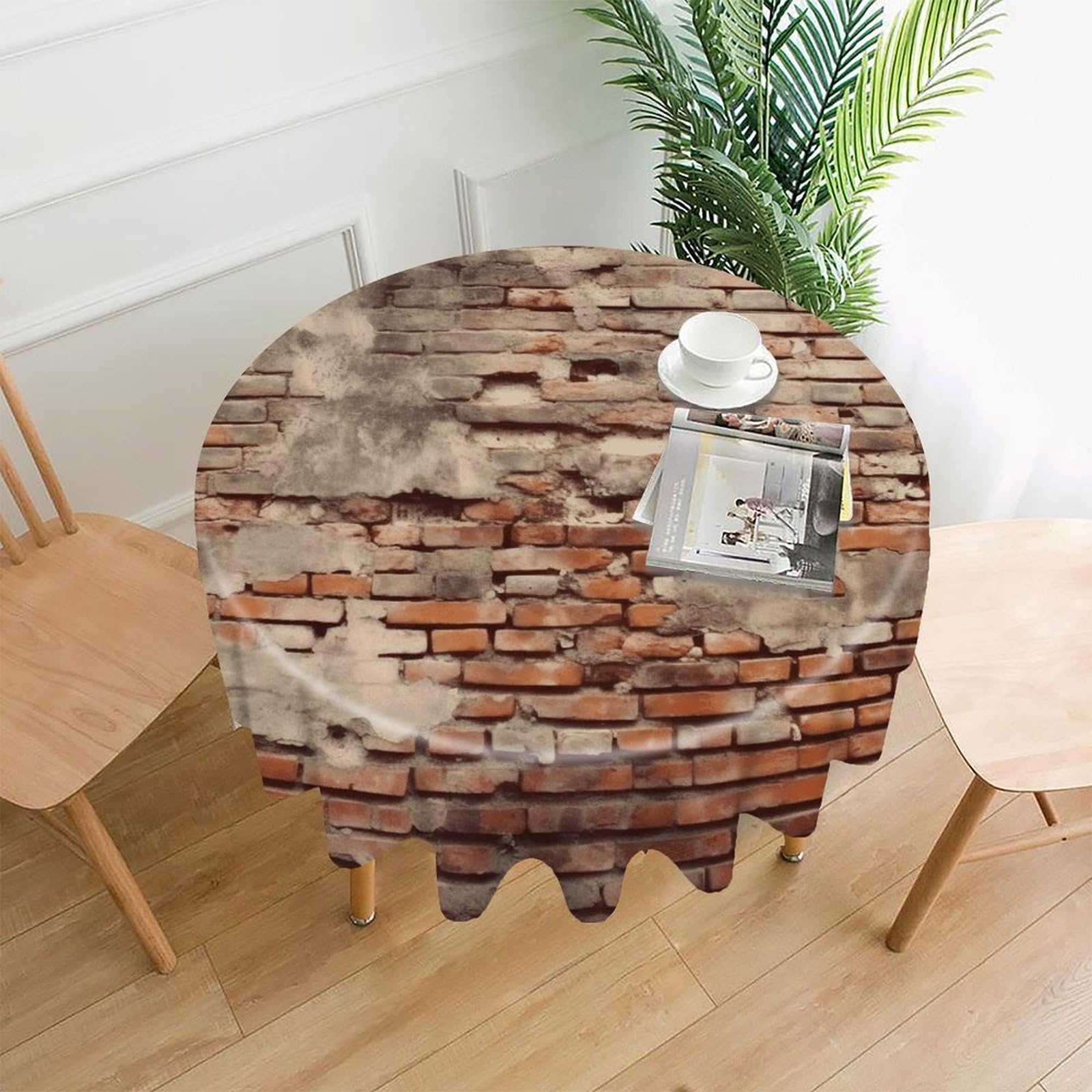 FekiLoot Ancient Worn Brick Wall Round Tablecloth Cover 60 Inch Wrinkle Free Washable Polyester Fabric Table Cover Decorative Round Table Cloth for Home Dining Kitchen Party Farmhouse