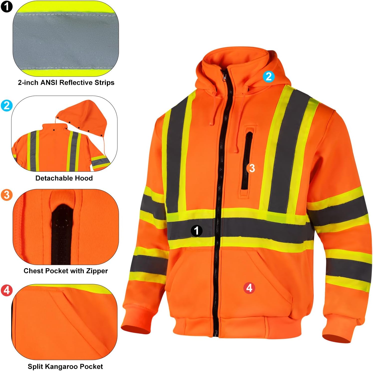 High Visibility Safety Fleece Hoodie for Men ANSI Class 3 Reflective Sweatshirt Construction Jacket