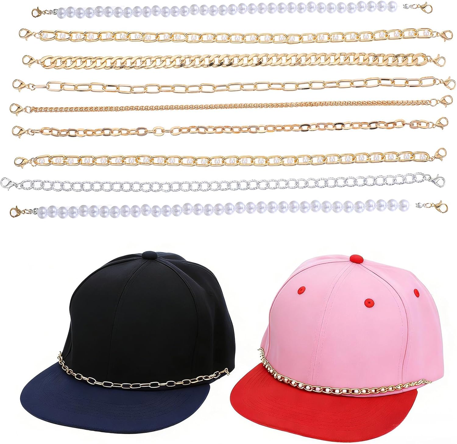 ElevateTech Trucker Hat Chains, 9 Pcs Metal Pearl Chain Bill Decoration