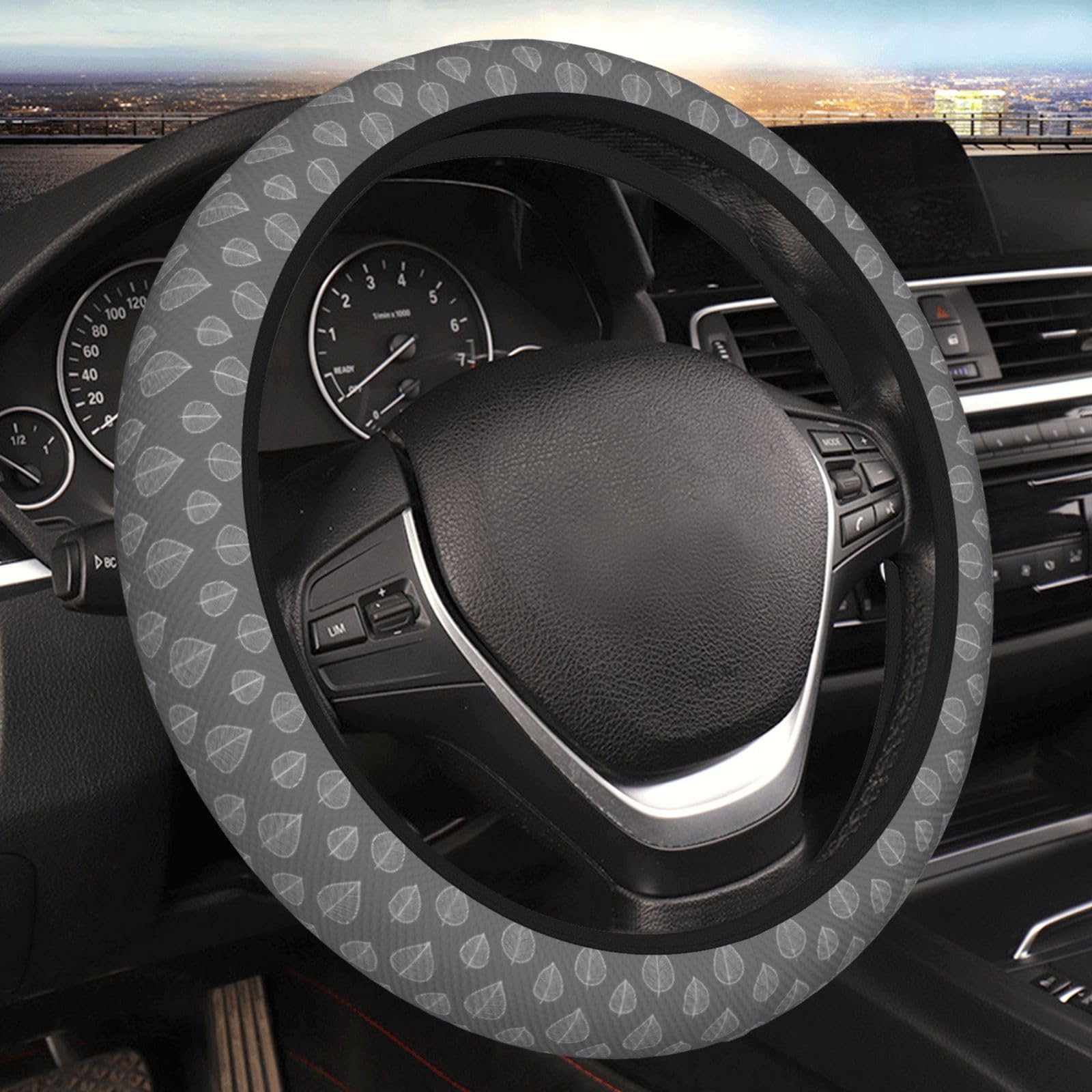 Leaf Gray Steering Wheel Cover for Women Men Anti Slip Protective Case Auto Interior Accessories Universa for SUV Sedan Truck 15 Inch
