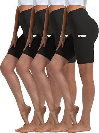 SANKE 4 Pack Tummy Control Biker Shorts for Women with Pockets 8" High Waisted Yoga Pants for Athletic Workout Running