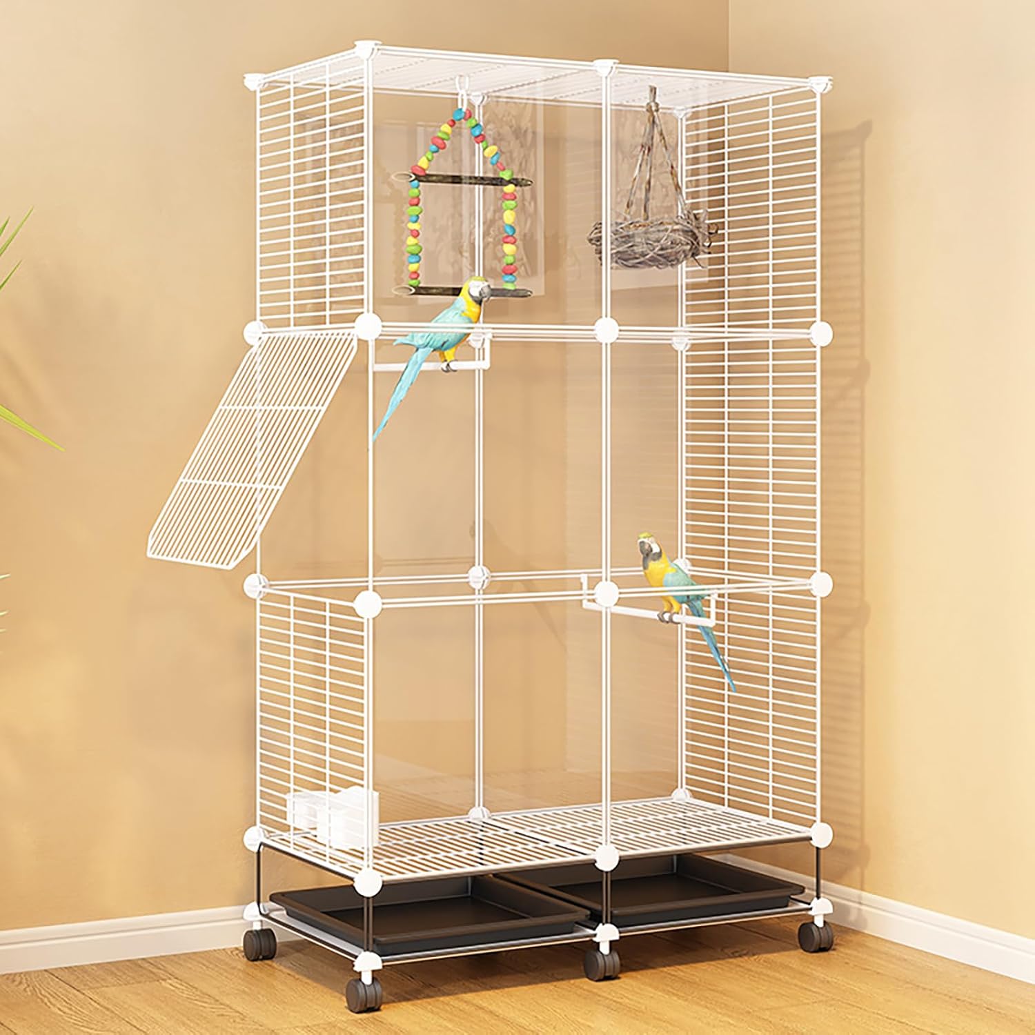 49 Inch 3-Tier Big Bird Cage with Food & Water Bowls Parakeet Bird Cage with Stand, Wheels Metal Birdcage Parrot Cage for Parakeet, Lovebirds, Ringneck, Cockatiels (Clear, 3-Tier-Roofless)