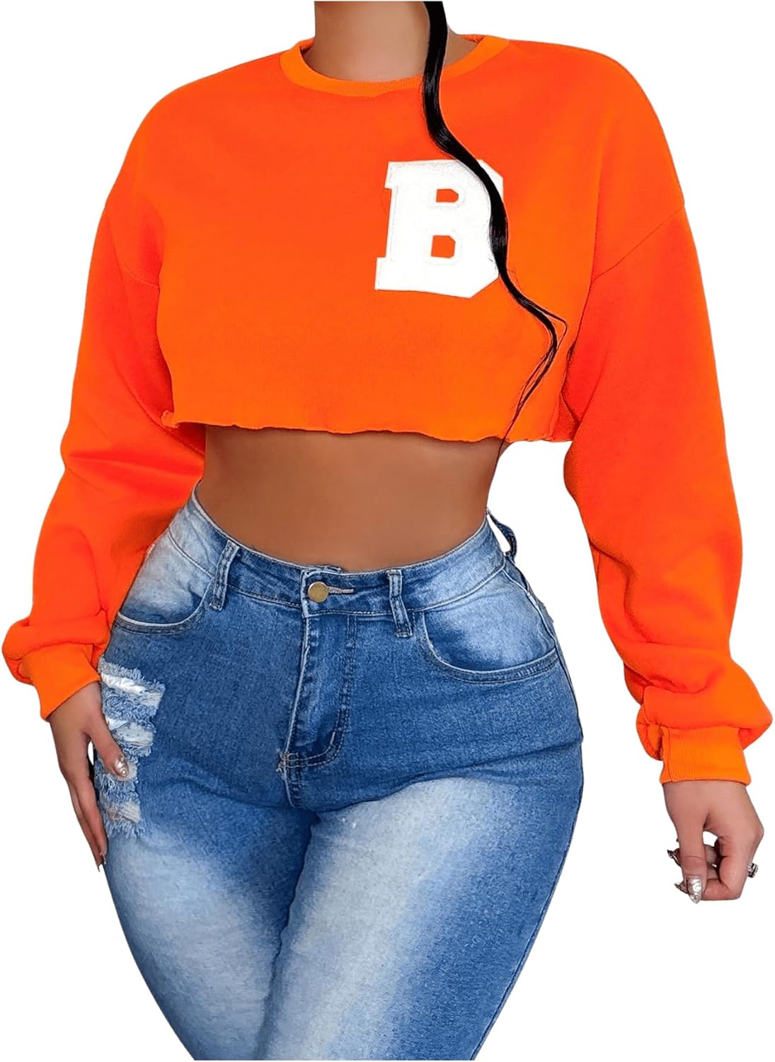 WDIRARA Women's Letter Graphic Crew Neck Sweatshirt Long Sleeve Pullover Crop Top