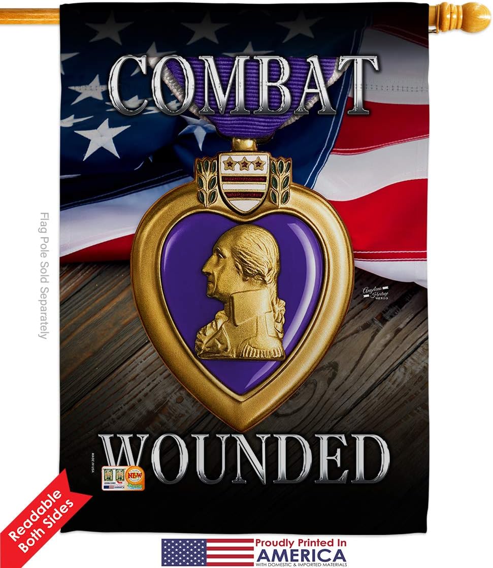 Purple Heart Combat Wounded Garden House Flags Set Armed Forces Military Service All Branches Support Honor United State American Veteran Official Small Gift Yard Banner Double-Sided 28 X 40