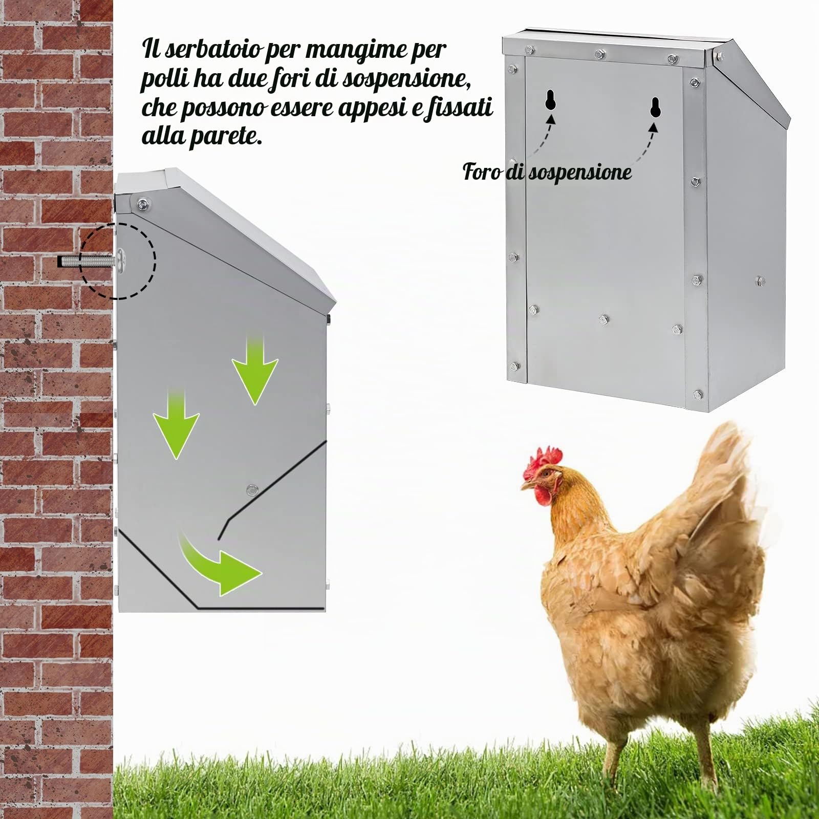 10L Alimentatore Per Polli In Acciaio Inox Senza Sprechi Alimentatore Automatico per Pollame con Coperchio Alimentatore da Parete Resistente Alle Intemperie Mangiatoia per Polli