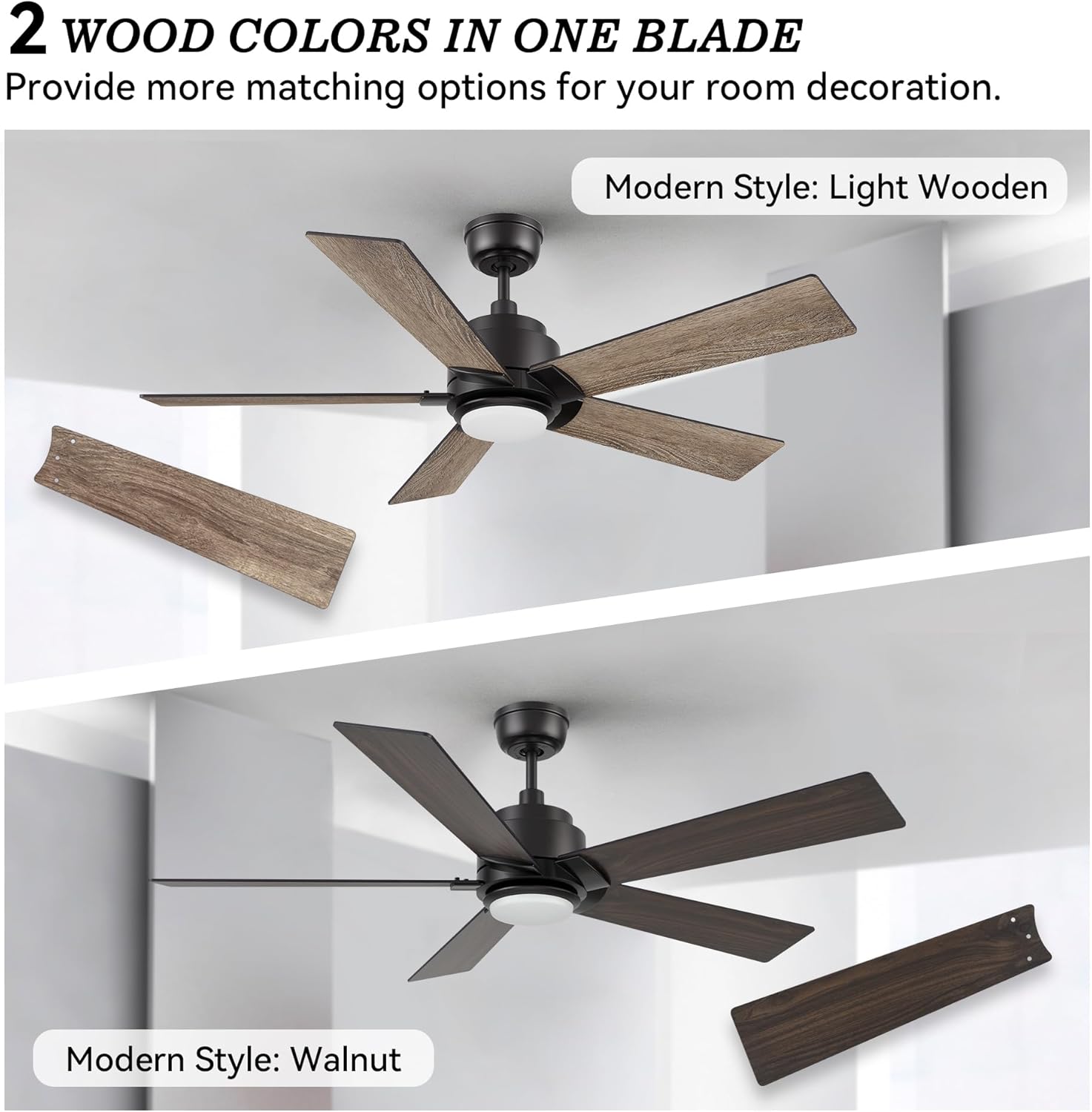 SMAAIR 60 Inch DC Ceiling Fans with Lights and Remote Control, Modern Ceiling Fan Works with APP/Alexa/Google Assistant/Siri, 5 Reversible Plywood Blades, 10 Speed DC Motor, Walnut/Light Wood