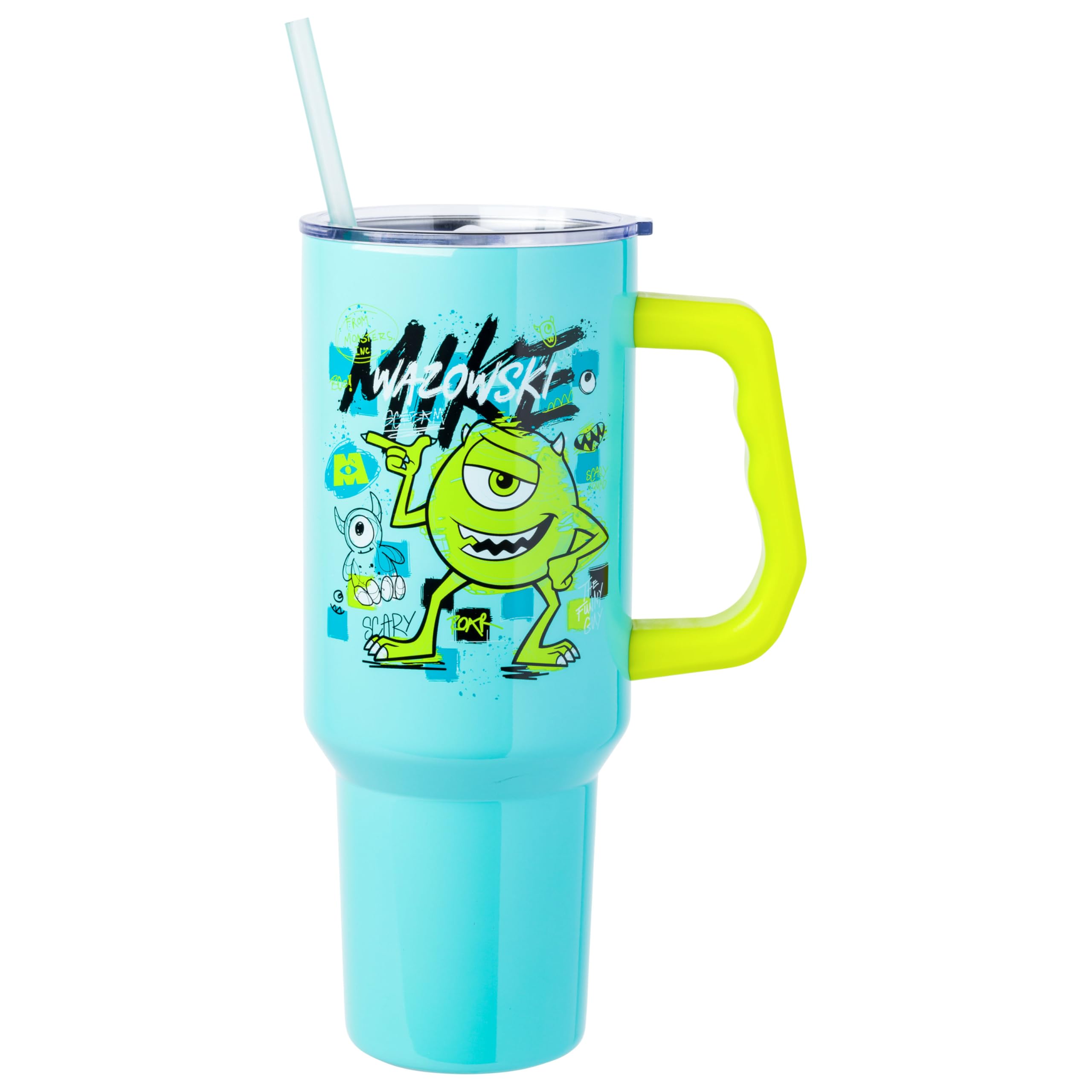 Silver Buffalo Disney Pixar Monsters Inc Featuring Mike Wazowski Scary Stainless Steel Tumbler with Handle and Straw, Fits in Standard Cup Holder, 40 Ounces