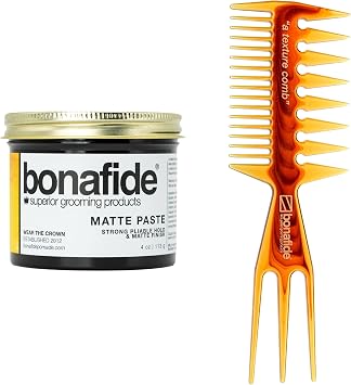 Bonafide Matte Paste 4oz + 2 Textured Comb Set | Water-Based Strong Hold Matte & Styling Comb for Men