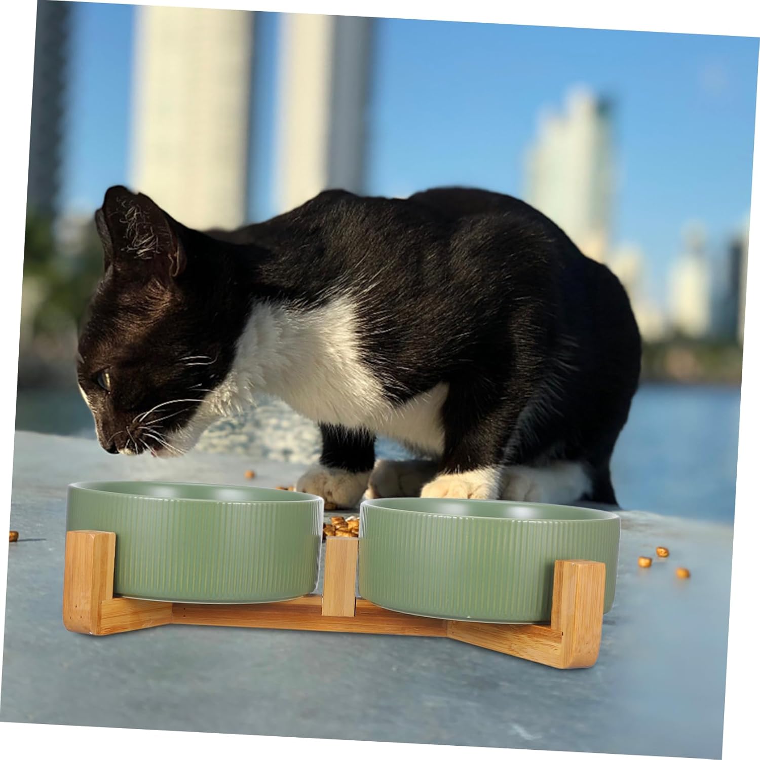 MERRYHAPY 1Set Ceramic Raised Dog Bowls with Wood Stand Elegant Pet Food Water Dishes Smooth Edges for Cats Dogs Stable and Stylish Design for Home Decor