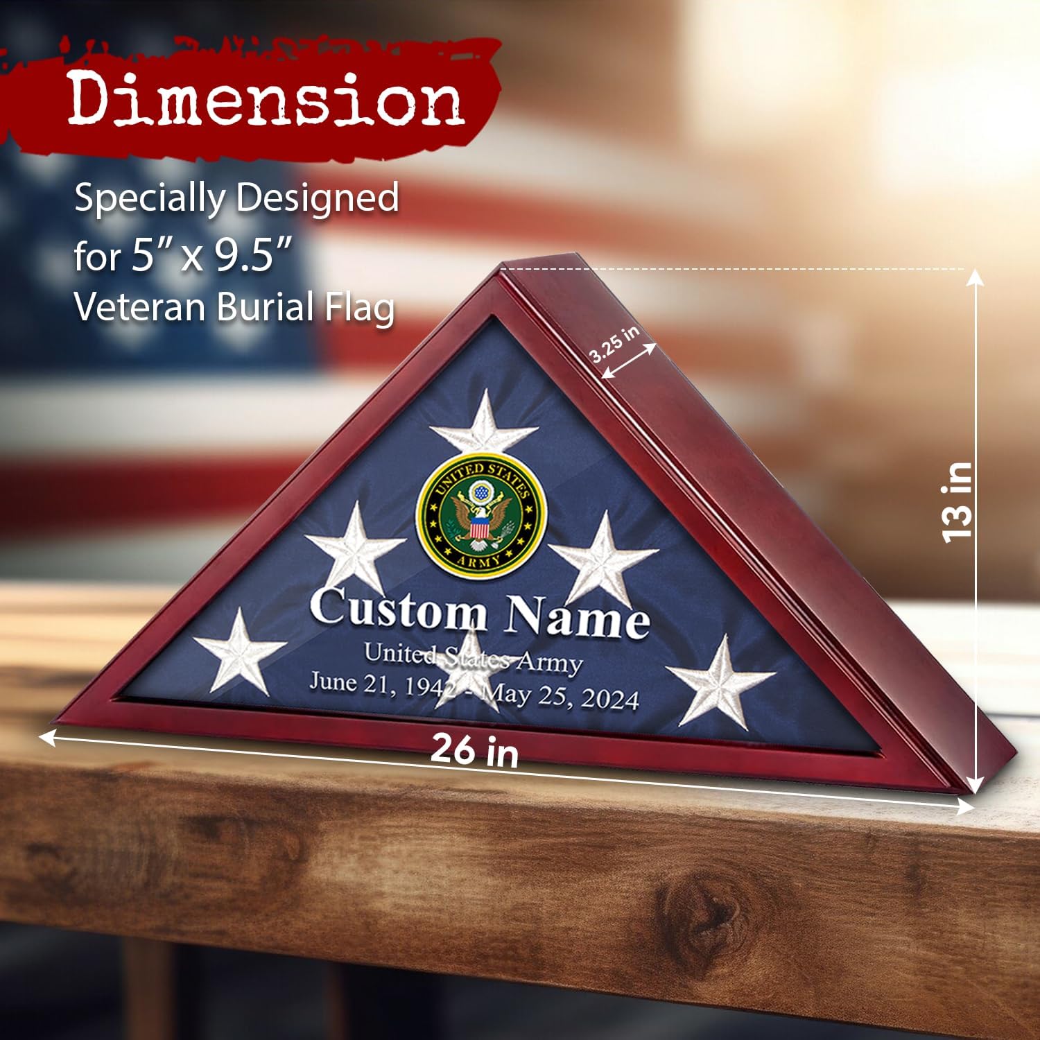 Personalized Flag Display Box for US Veteran Flag 9.5 x 5 ft Flag Shell for Bury Flag Wall Flag Box Display for Displaying The Front of Bury Flag Glass (Brown)