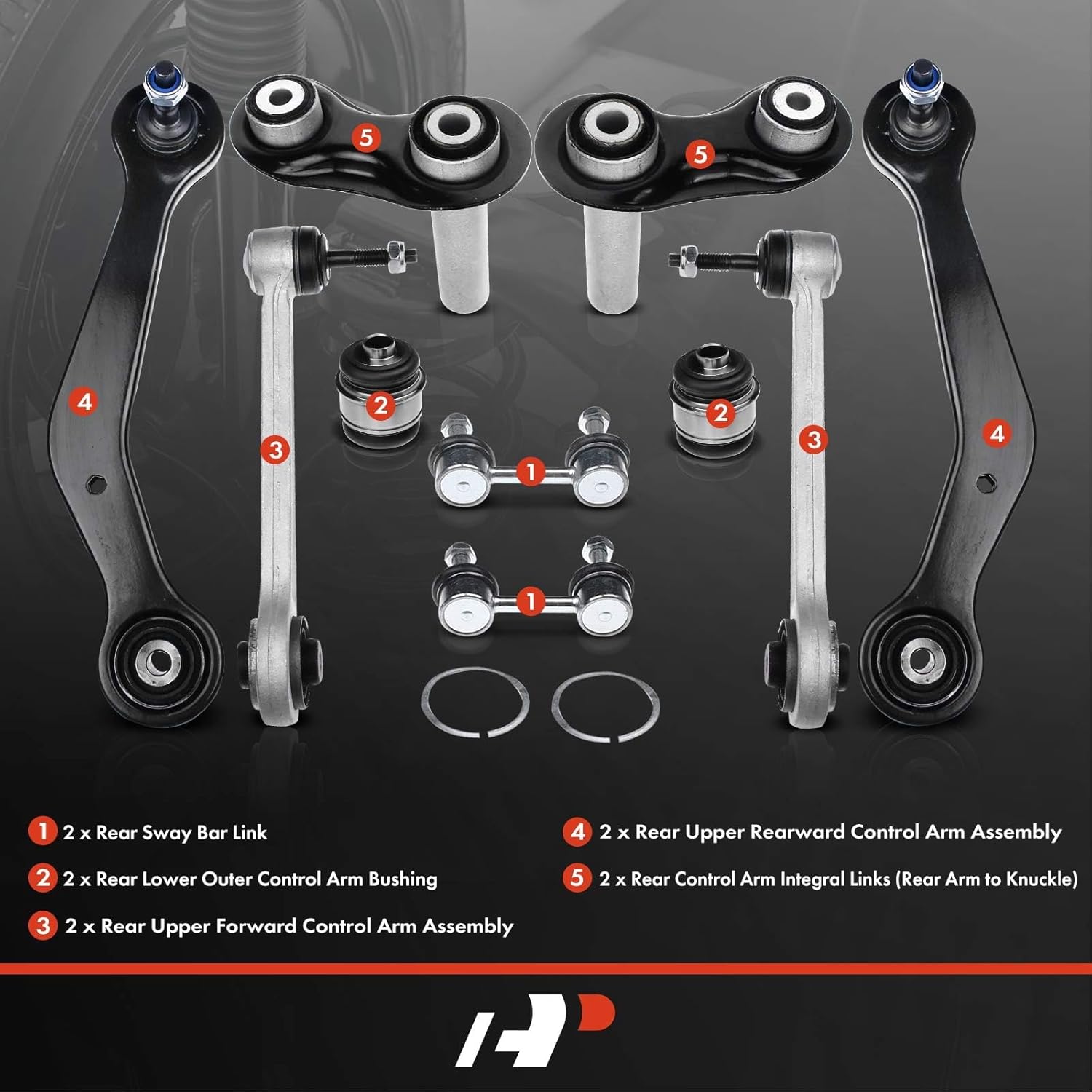 A-Premium Set of 10, Rear Upper Forward & Rearward Control Arm, Sway Bar Link, Control Arm Integral Link & Bushing, Compatible with BMW E38 Series - 1995-2001 - 740i 740iL 750iL, RWD & Sedan Only
