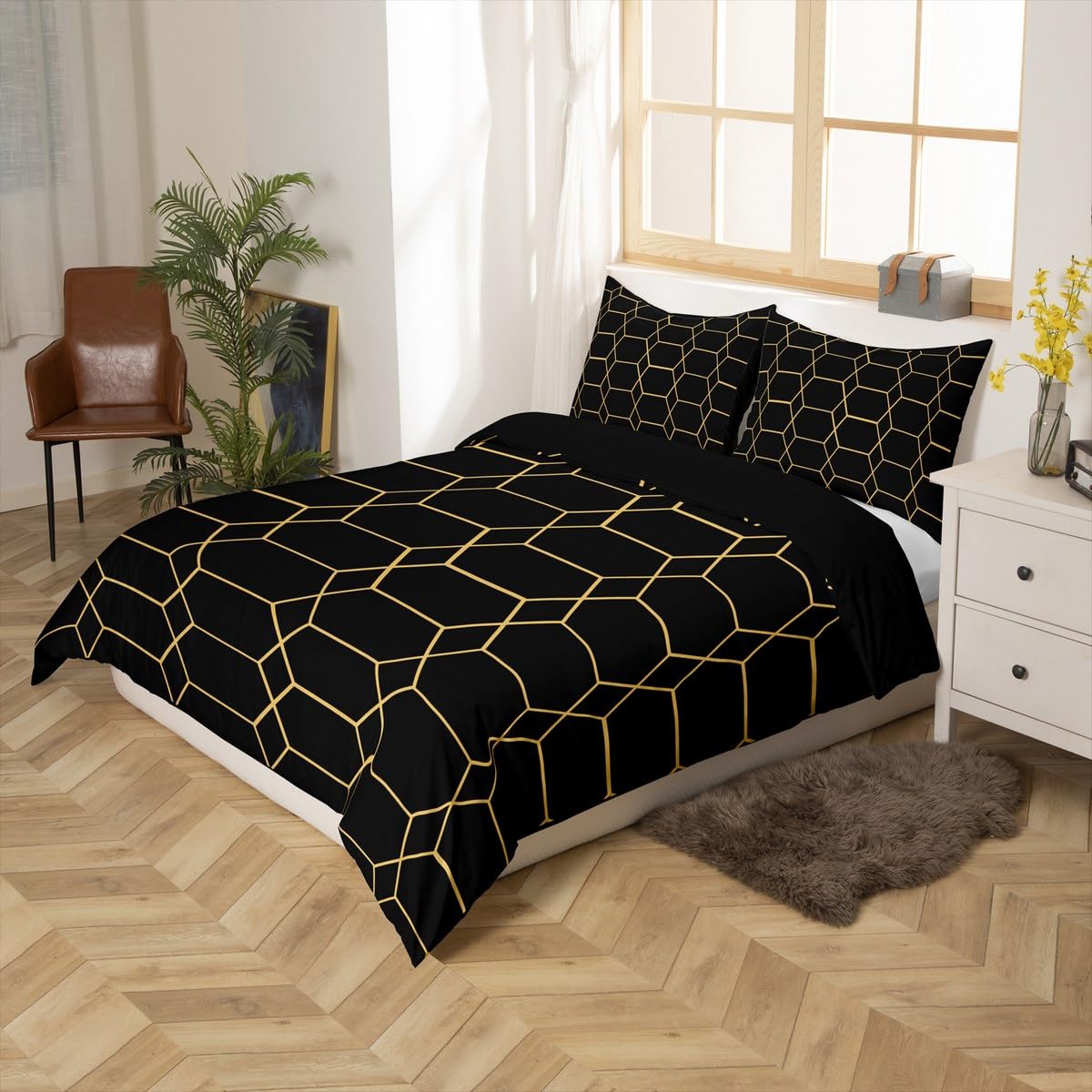 jejeloiu Honeycomb Duvet Cover Toddler Size Kids Hexagonal Comforter Cover Set for Boys Girls Teens Geometrical Bedding Set Breathable Beehive Bedspread Cover Golden Black Quilt Cover